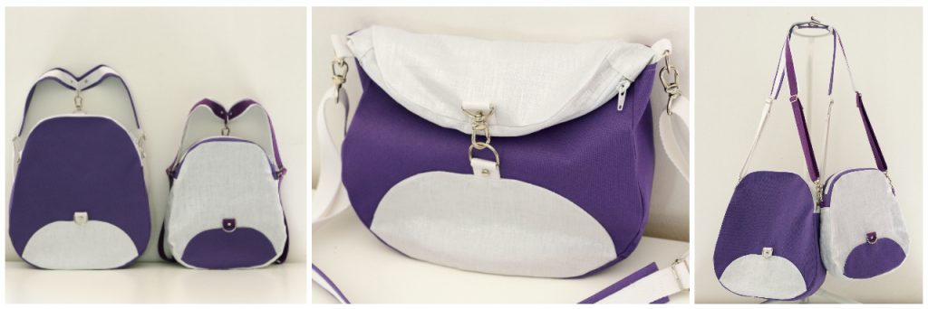 De gauche à droite : mode sac à dos, mode besace et mode bandoulière - Tissus : Toile à sac violette et lin lamé de La Mercerie des Créateurs